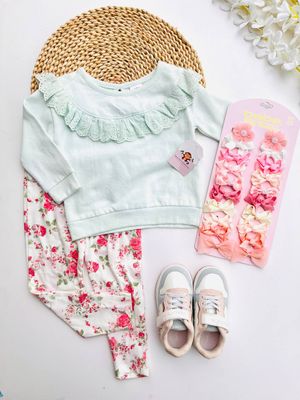 Set 2 piezas, busito celeste + leggins flores, 18 meses