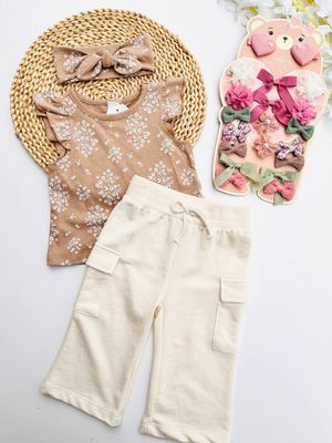 Set 3 piezas Pl Baby, blusa café flores + pantalón beige + cintillo, 12m