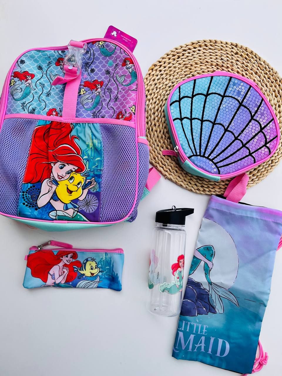 Mochila Sirenita + lonchera + tomatodo + cartuchera + bolsito