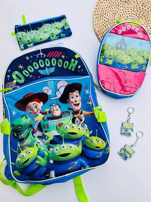 Mochila Toy Story + cartuchera + lonchera + llaveros