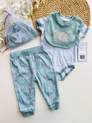 Set 5 piezas Elefantito, body + pantalón + gorrito + babero + medias, 0 a 3m