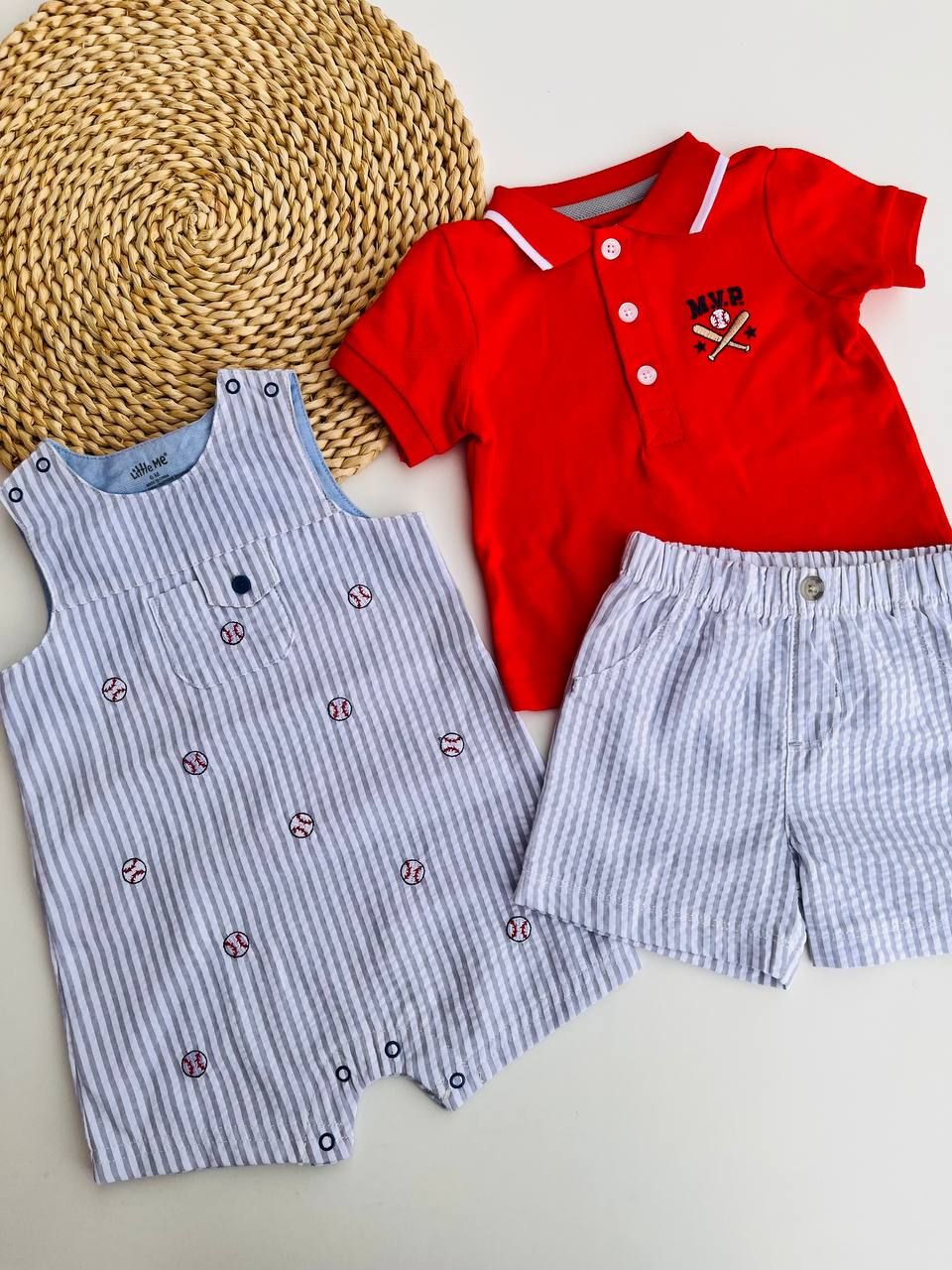 Set 3 piezas Little Me, Camiseta + Short + Romper, 9m y 24m