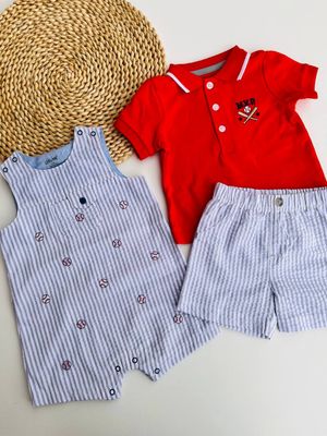 Set 3 piezas Little Me, Camiseta + Short + Romper, 9m y 24m