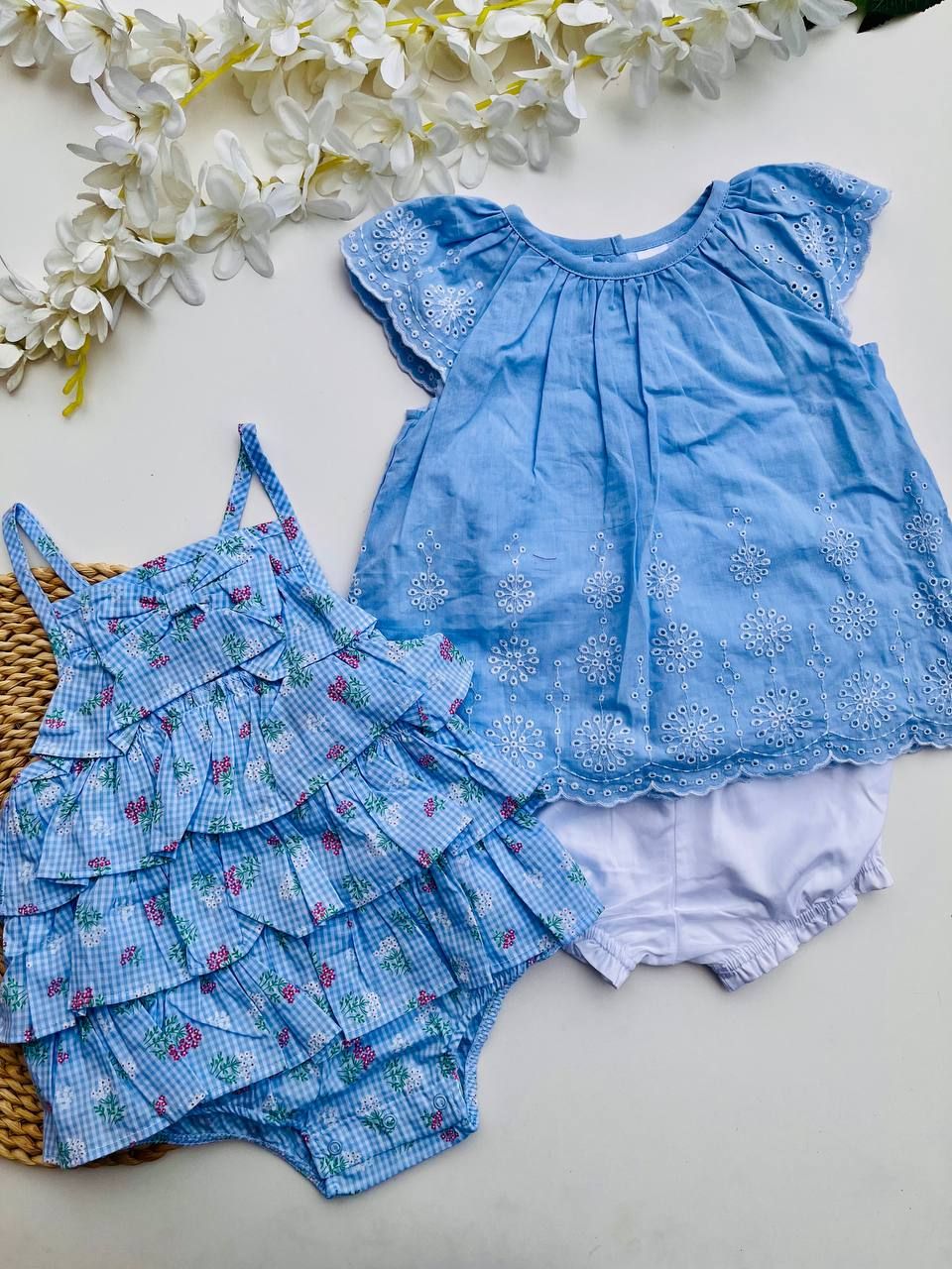 Set 3 piezas Little Me, romper + blusa + short, 9m, 18m y 24m