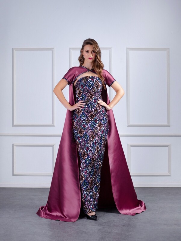 Sequined Dress with Low-High Cape-like Bolero