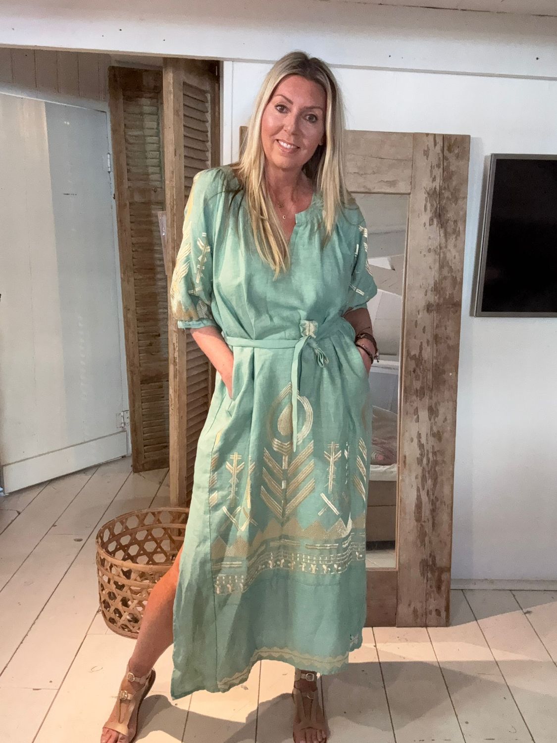 Greek Kori Long Dress Sea Green/Gold
