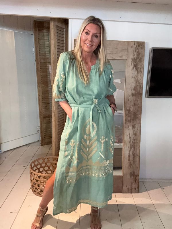 Greek Kori Long Dress Sea Green/Gold