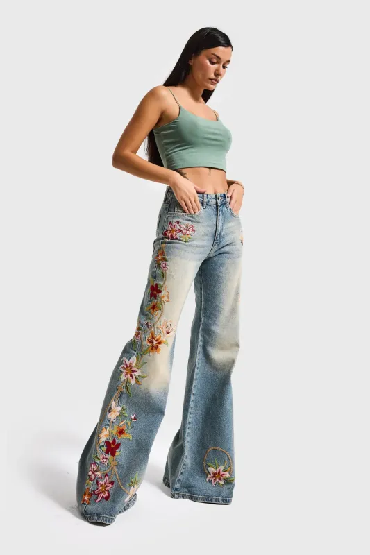 Jeans Flare Mid Rise Flower