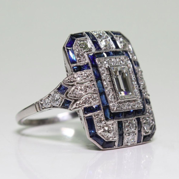 Antique Jewelry, Art Deco, 925 Sterling Silver, Natural Blue Sapphire & Diamond Gemstone