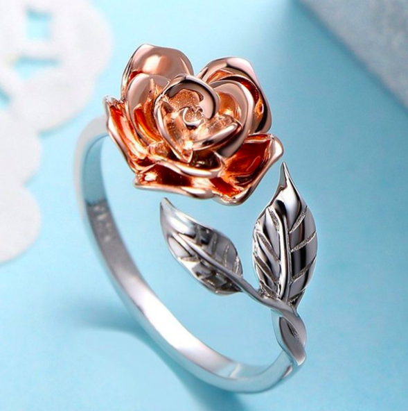925 Sterling Silver & Rose Gold Rose Flower Ring for Women - Customizable