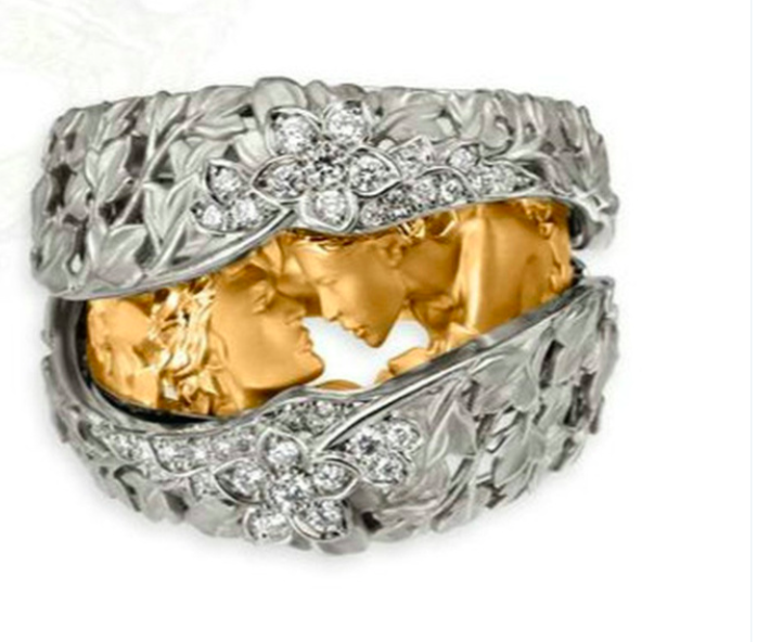 2 Colors - Adam & Eve - 18K Gold / 925 Sterling Silver and White Sapphires - Ladies Ring