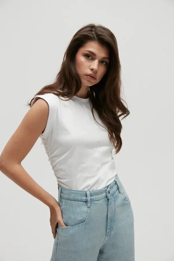 Homage to Denim - Cropped Top With Gathering - White