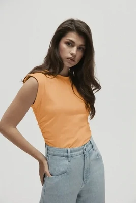 Homage to Denim - Cropped Top With Gathering - Peach