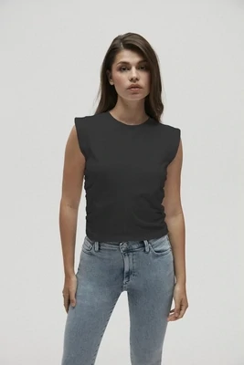 Homage to Denim - Cropped Top With Gathering - Black