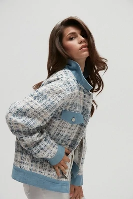 Homage to Denim - Tweed Jacket With Denim Detail - Multi Color