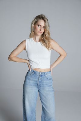 Homage to denim - Rib Cropped Top With Knot - Off White