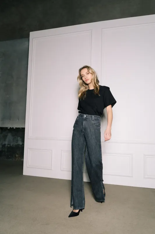 Homage to Denim - Farrah Wide Legs Jeans With Slits  - Dark Grey (alleen maat 26 & 27)