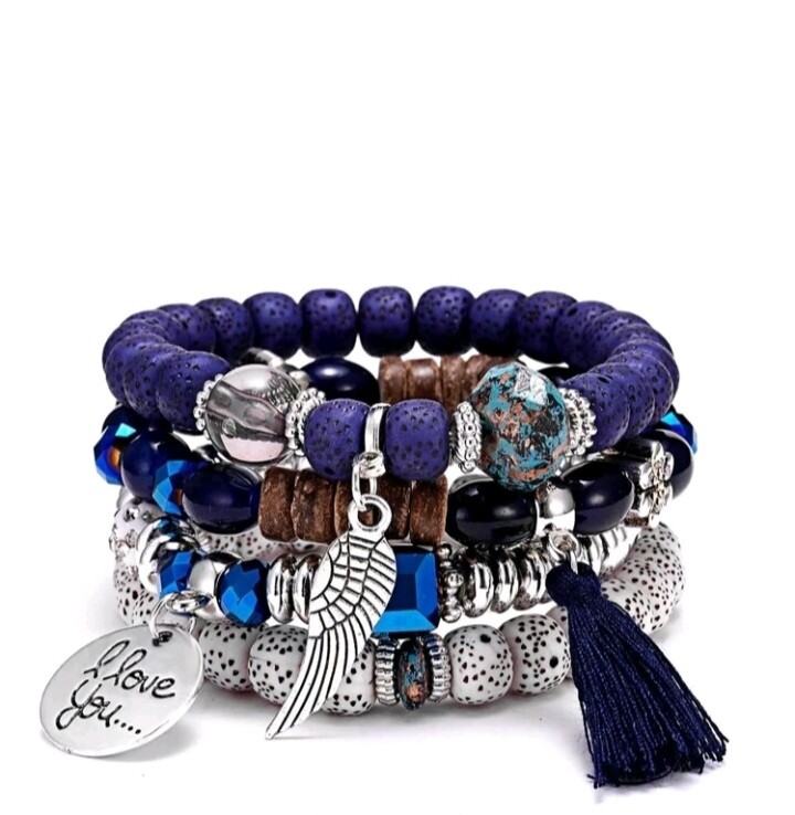 Love Wings Tassel Charm Bracelet Set- Blue