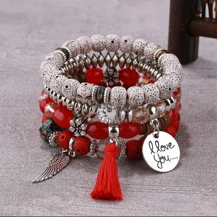 Love Wings Tassel Charm Bracelet Set- Red/white