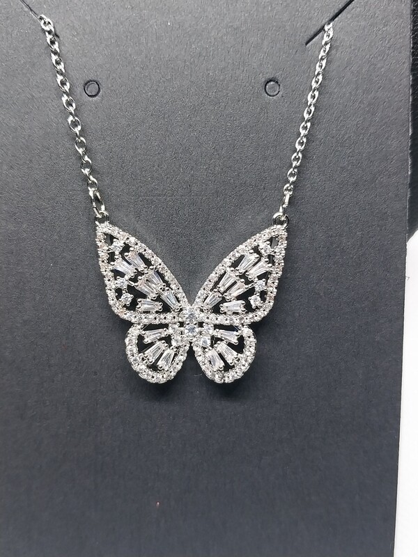.925 Sterling Silver Zircon Butterfly Charm Necklace