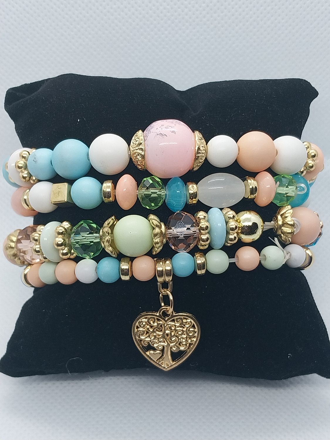 Heart Charm Crystal Bead Bracelet Set- Pastel Multicolor