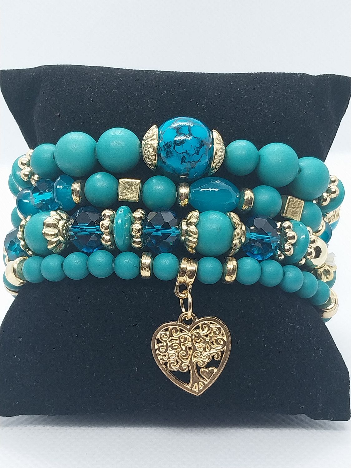 Heart Charm Crystal Bead Bracelet Set- Turquoise
