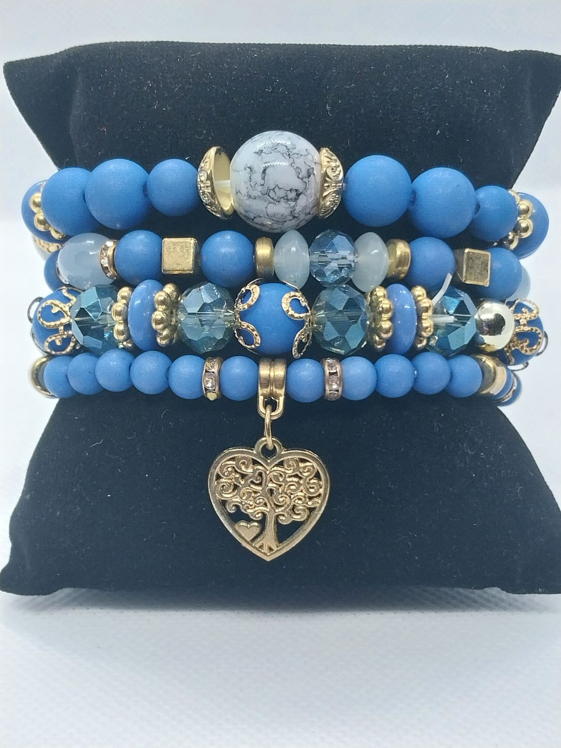 Heart Charm Crystal  Bead Bracelet Set - Blue