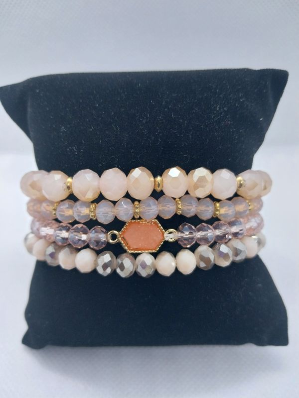 Gold Plated Glass/Crystal Bracelet Set -Pink