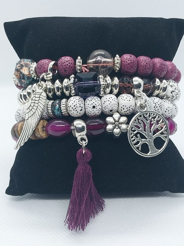Love Wings Tassel Charm Bracelet Set- Purple