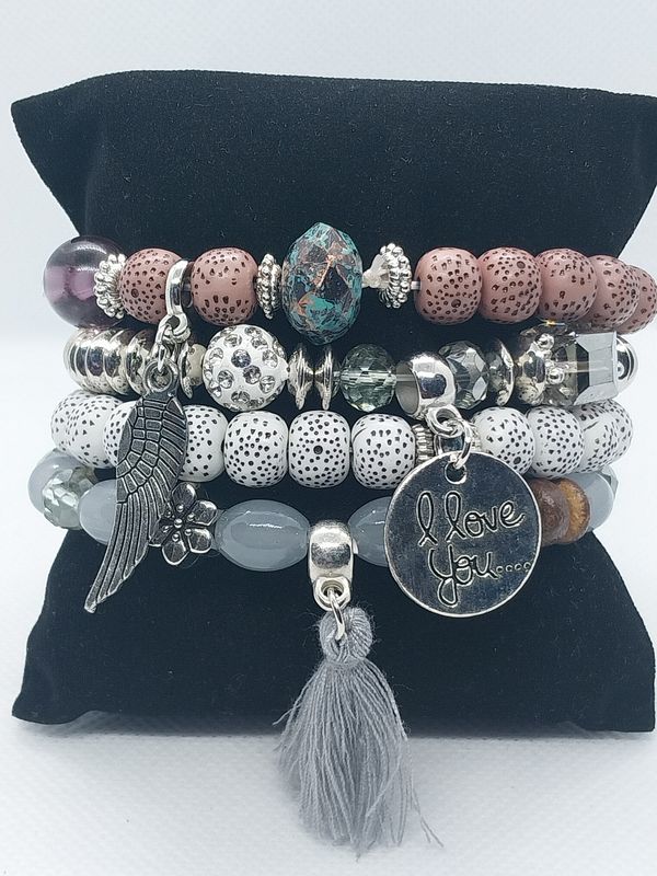 Love Wings Tassel Charm Bracelet Set- Gray