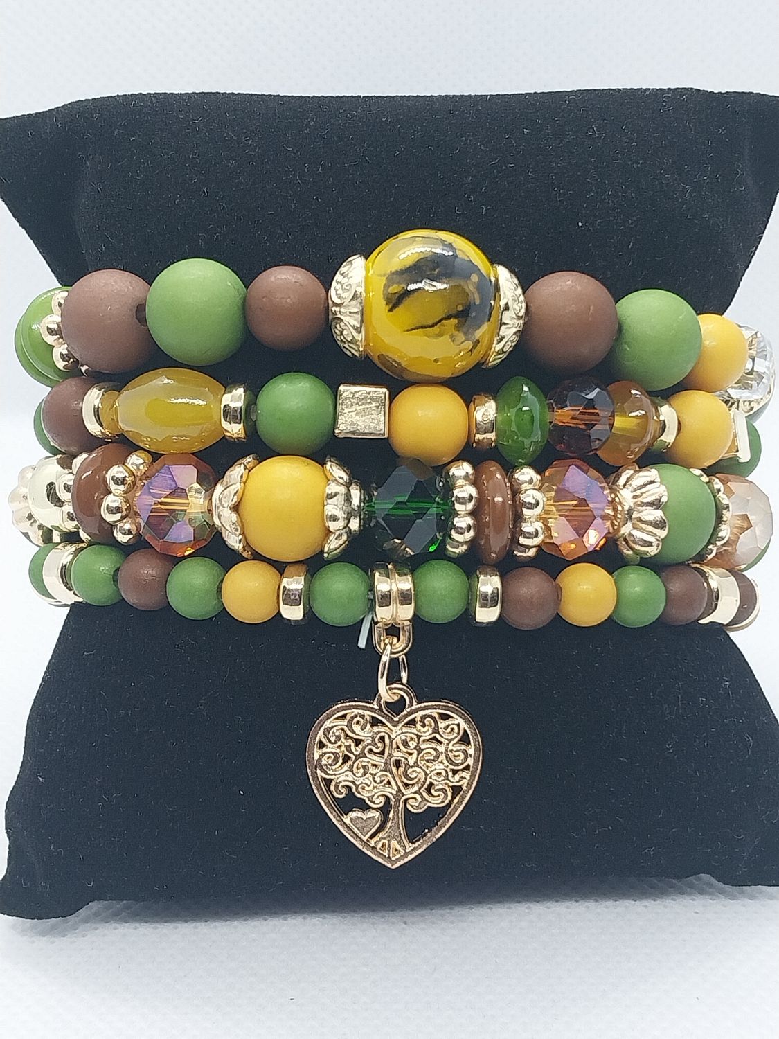 Heart Charm Crystal Bead Bracelet Set- Green and Gold Multicolor -Matte