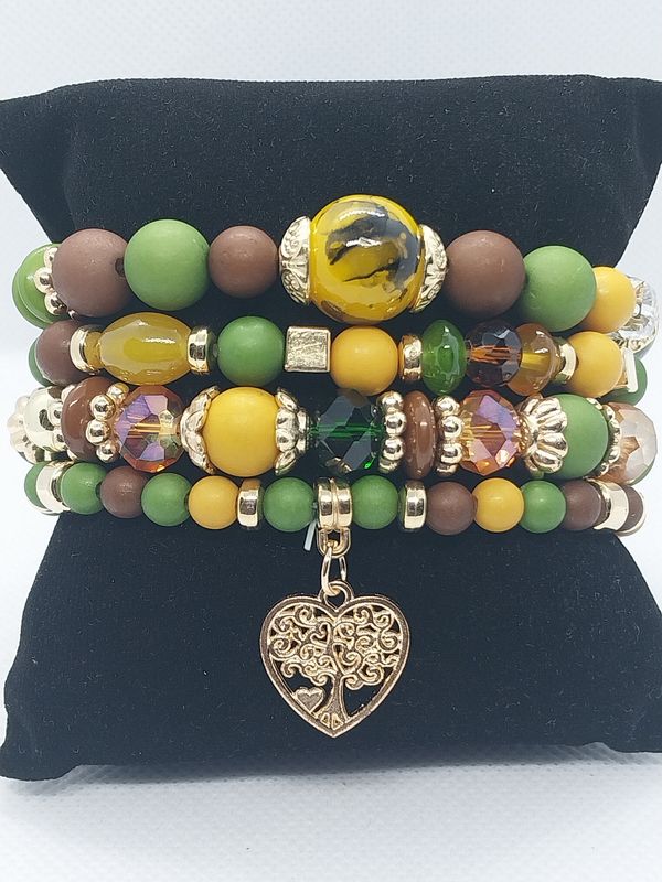 Heart Charm Crystal Bead Bracelet Set- Green and Gold Multicolor -Matte