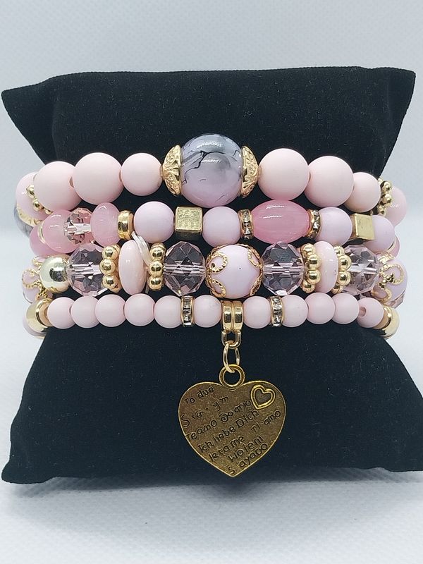 Heart Charm Crystal Bead Bracelet Set - Pink