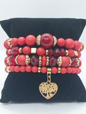 Heart Charm Crystal Bead Bracelet Set - Red