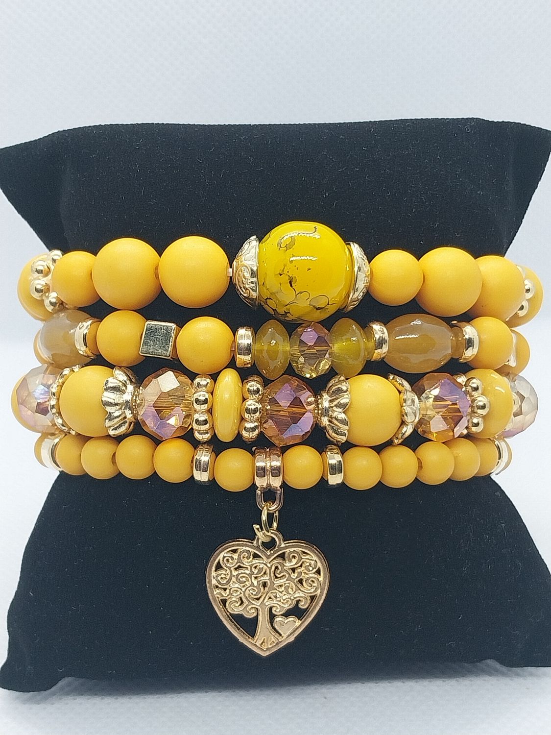 Heart Charm Crystal Bead Bracelet Set -Gold