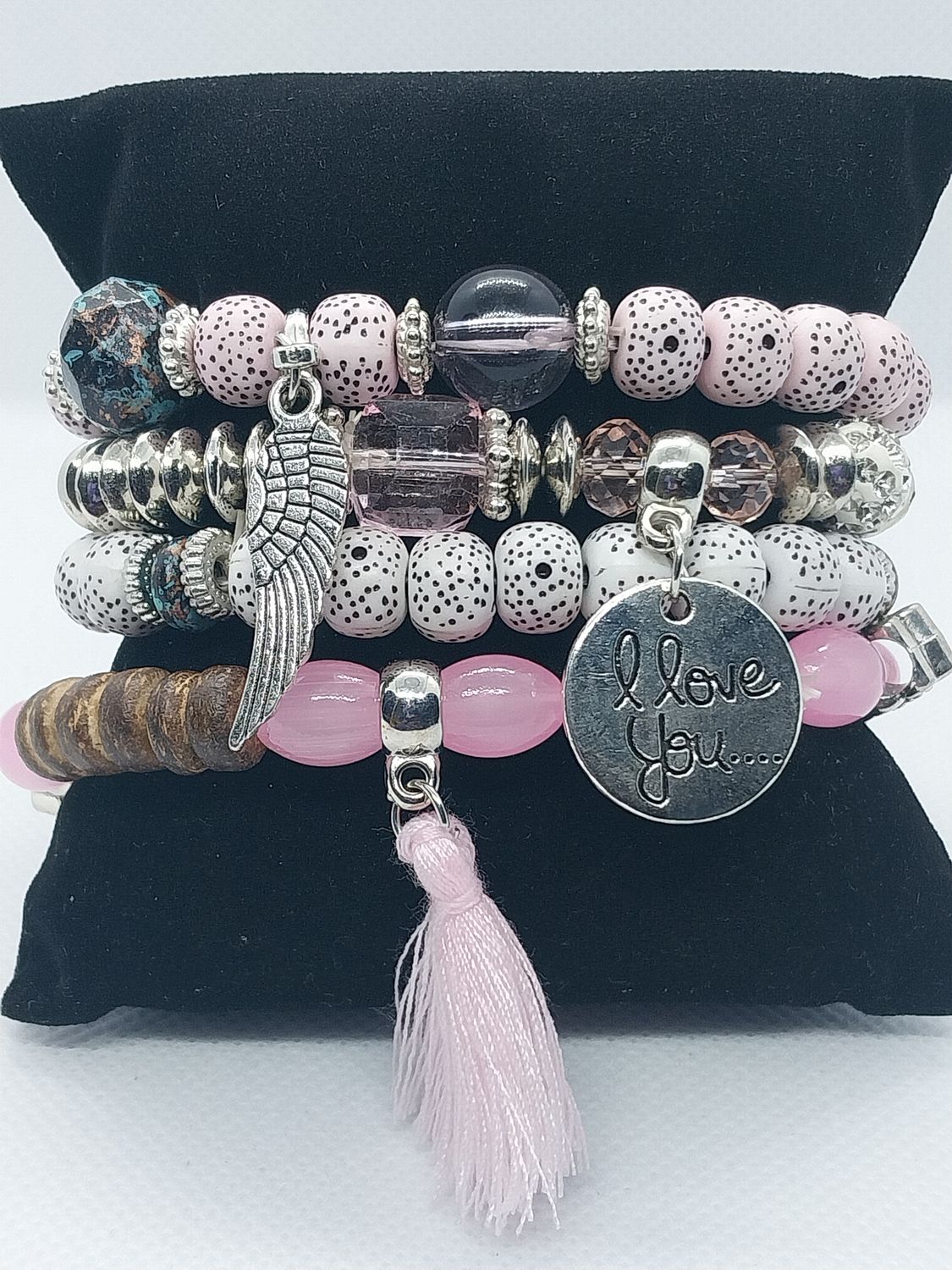 Love Wings Tassel Charm Bracelet Set- Pink