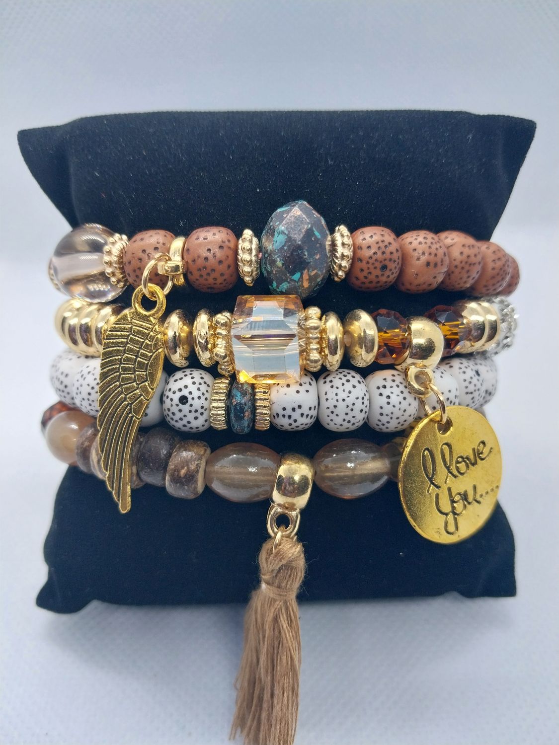 Love Wings Tassel Charm Bracelet Set- Brown and Gold
