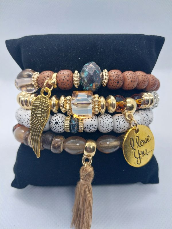 Love Wings Tassel Charm Bracelet Set- Brown and Gold