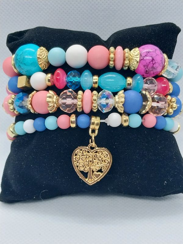 Heart Charm Crystal  Beaded Bracelet Set- Multicolor Pink/Sky blue