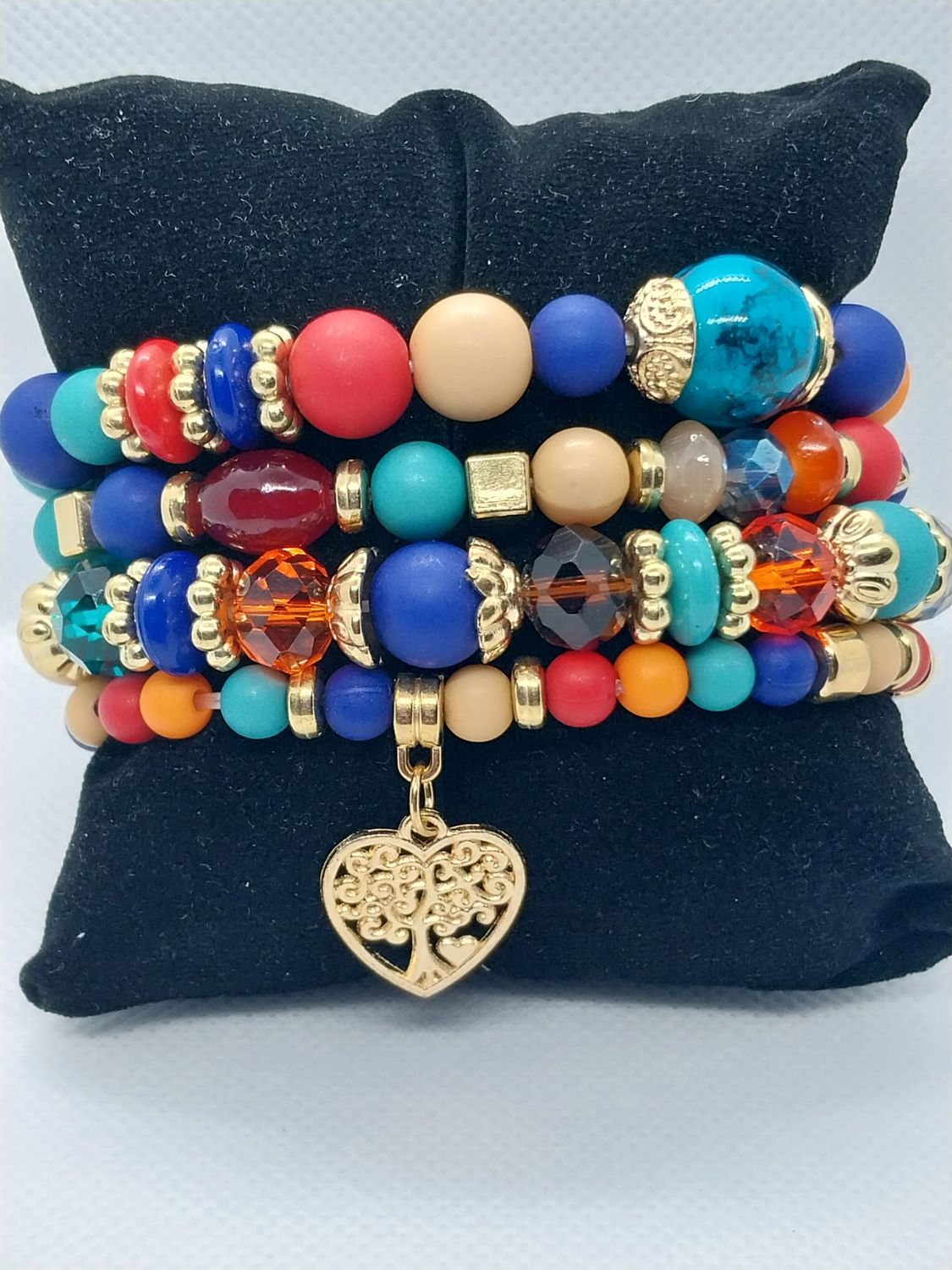 Heart Charm Crystal Beaded Bracelet Set- Multicolor Red - Matte