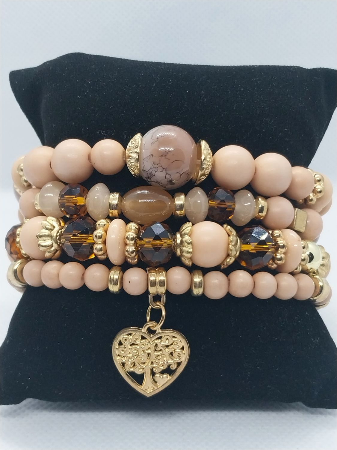 Heart Charm Crystal Beaded Bracelet Set - Nude