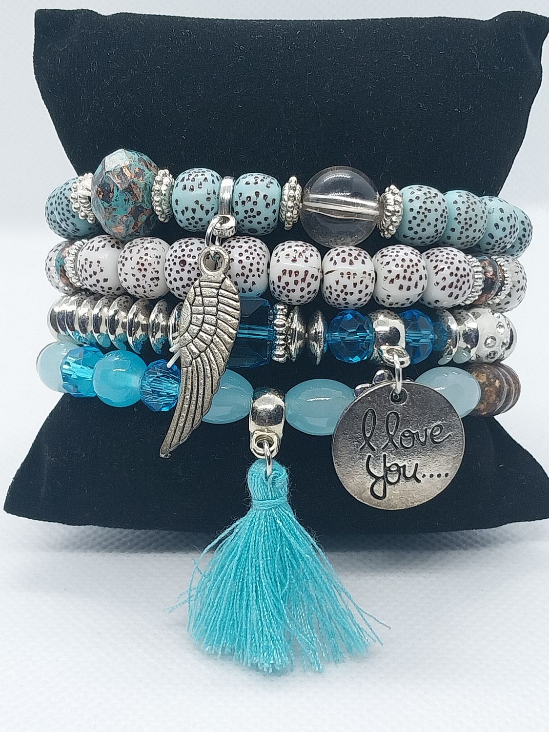 Love Wings Tassel Charm Bracelet Set- Sky Blue