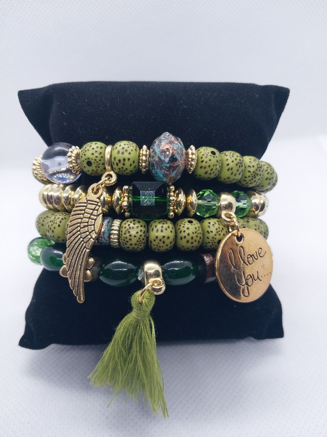 Love Wings Tassel Charm Bracelet Set- Green