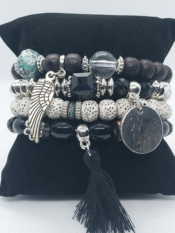 Love Wings Tassel Charm Bracelet Set- Black/Silver