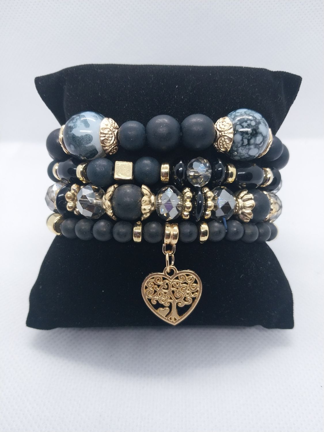 Heart Charm Crystal Bead Bracelet Set -Black