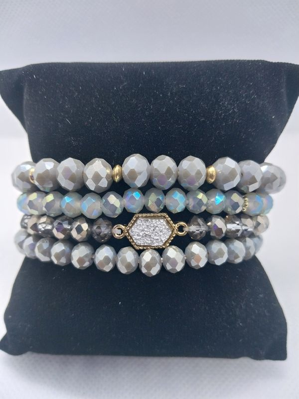 Gold Plated Glass/Crystal Bracelet Set -Silver