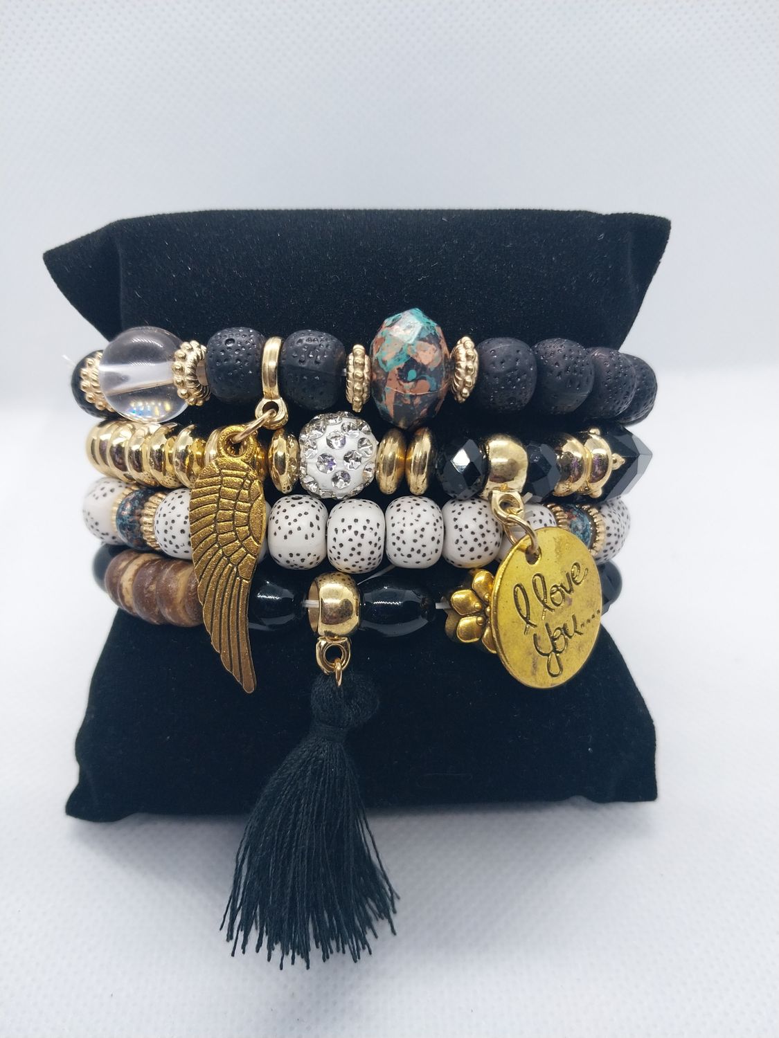 Love Wings Tassel Charm Bracelet Set- Black/Gold