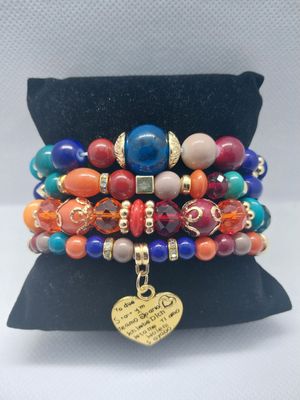 Heart Charm Crystal Beaded Bracelet Set- Multicolor Red