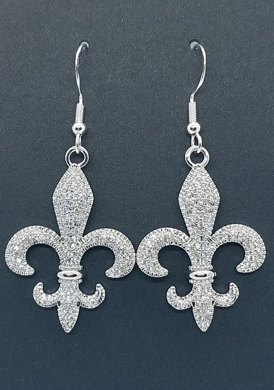 Rhinestone Fleur De Lis  Earrings  - Silver