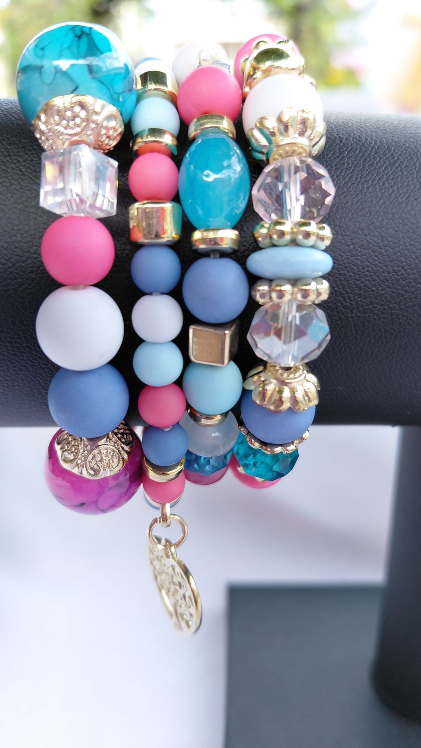 Heart Charm Crystal  Beaded Bracelet Set- Multicolor Pink/Sky blue